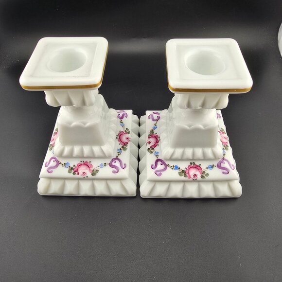 Westmoreland Milk Glass Hand-Painted Floral Candlestick Holders READ - Picture 2 of 7